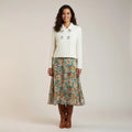 women wearing with dress White Silver Cut Out Hardware Tweed Crop Blazer Jacket with ecru textured fabric, button closure, and front pockets