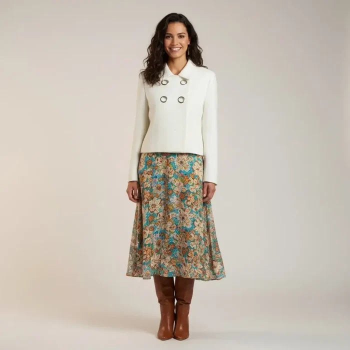 women wearing with dress White Silver Cut Out Hardware Tweed Crop Blazer Jacket with ecru textured fabric, button closure, and front pockets
