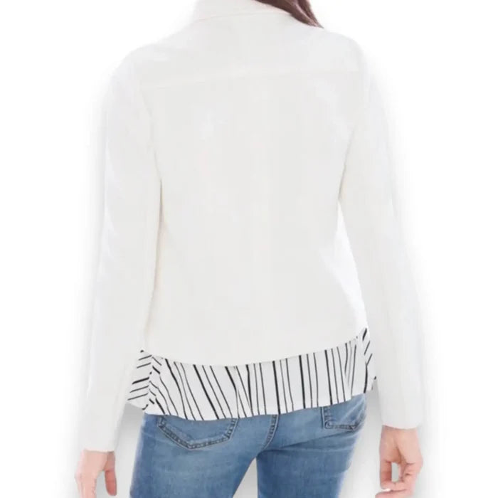 Women's white tweed blazer jacket with silver cut-out O-ring buttons, angled front pockets, fold-down collar, and structured tailored fit—elegant spring-to-fall layer.
