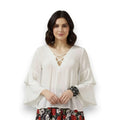 White V-neck long sleeve tiered blouse with ruffle sleeves and crisscross back detail size 4
