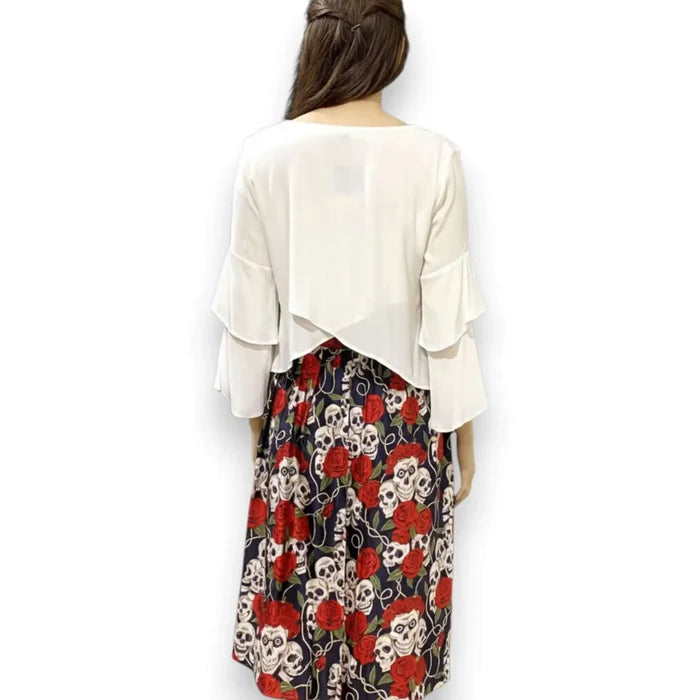 White V-neck long sleeve tiered blouse with ruffle sleeves and crisscross back detail size 4