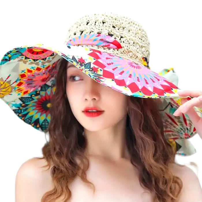 women's medium Wide Brim Colorful Straw Sun Hat with crochet raffia crown and adjustable brim