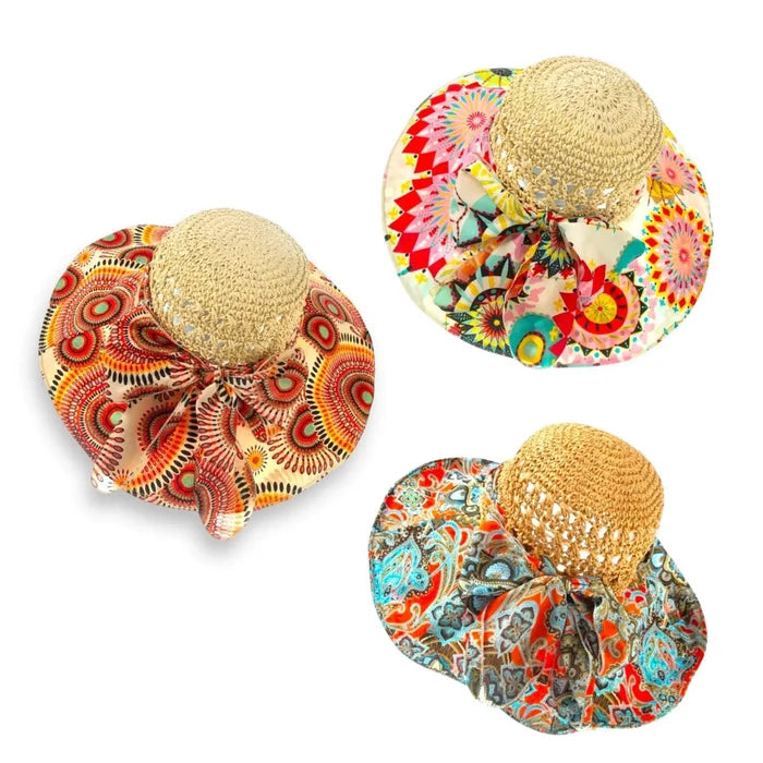 Wide Brim Colorful Straw Sun Hat with crochet raffia crown and adjustable brim women's medium