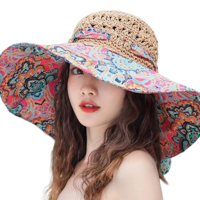 women's Wide Brim Colorful Straw Sun Hat with crochet raffia crown and adjustable brim paisley medium