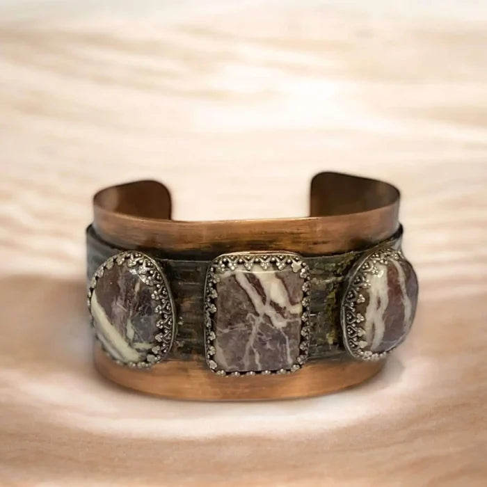 Wild Horse Triple Stone Cuff with three jasper stones, sterling settings, and matte copper wide band