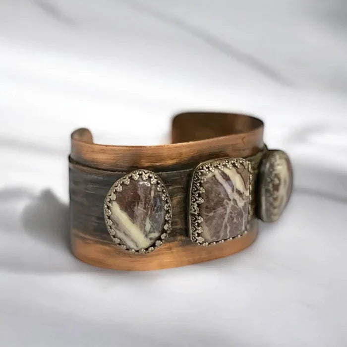 Wild Horse Triple Stone Cuff with three jasper stones, sterling settings, and matte copper wide band