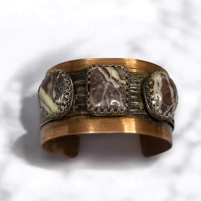 Wild Horse Triple Stone Cuff with three jasper stones, sterling settings, and matte copper wide band