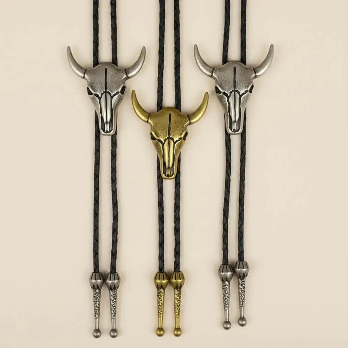 Wild West Bull Skull Cowboy Tie in antique silver, burnished gold or silver tone adjustable one size bolo tie unisex necktie