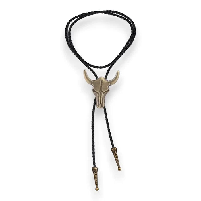 Wild West Bull Skull Cowboy Tie in antique silver, burnished gold or silver tone adjustable one size bolo tie unisex necktie