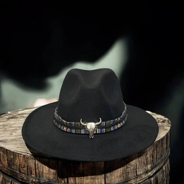 Wild West Cow Skull Fedora Hat with tribal band, silver cow skull charm, and wide brim available in black, brown, and dark red