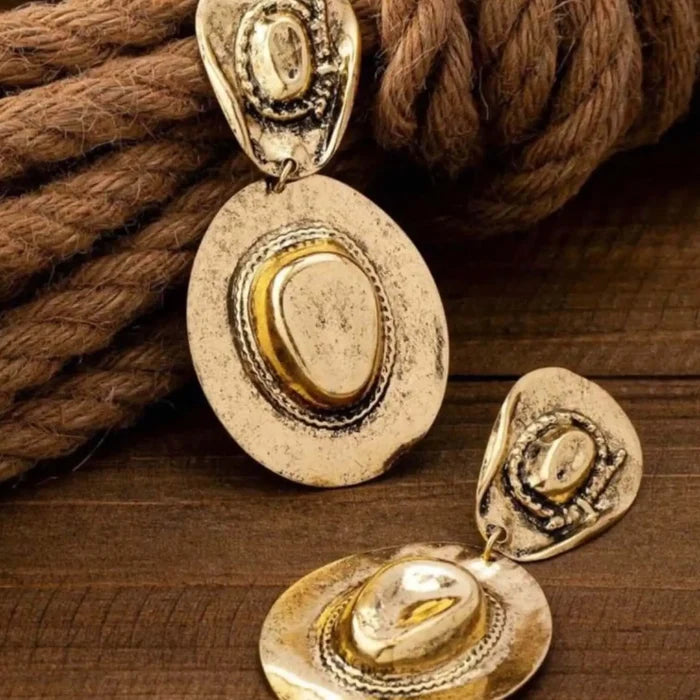 Wild West Cowboy Hat Dangle Earrings with double hat design and western cowgirl style gold