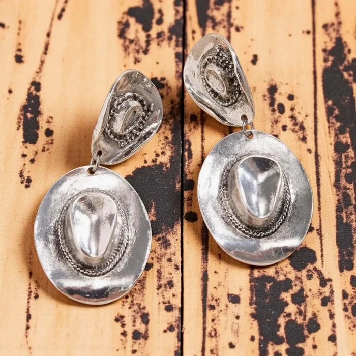 Wild West Cowboy Hat Dangle Earrings with double hat design and western cowgirl style silver