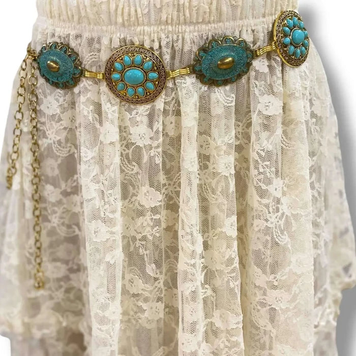 Wild West gold turquoise metal concho belt with oval round links patina turquoise color- OSFM / Women's