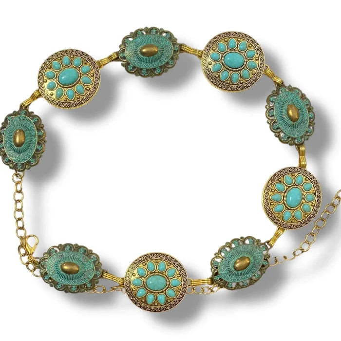Wild West gold turquoise metal concho belt with oval round links patina turquoise color- OSFM / Women's