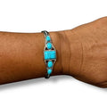 Wild West silver turquoise cuff bracelet with five faux turquoise cabochons in mixed shapes, antique silver braided band, adjustable southwestern boho cowgirl jewelry