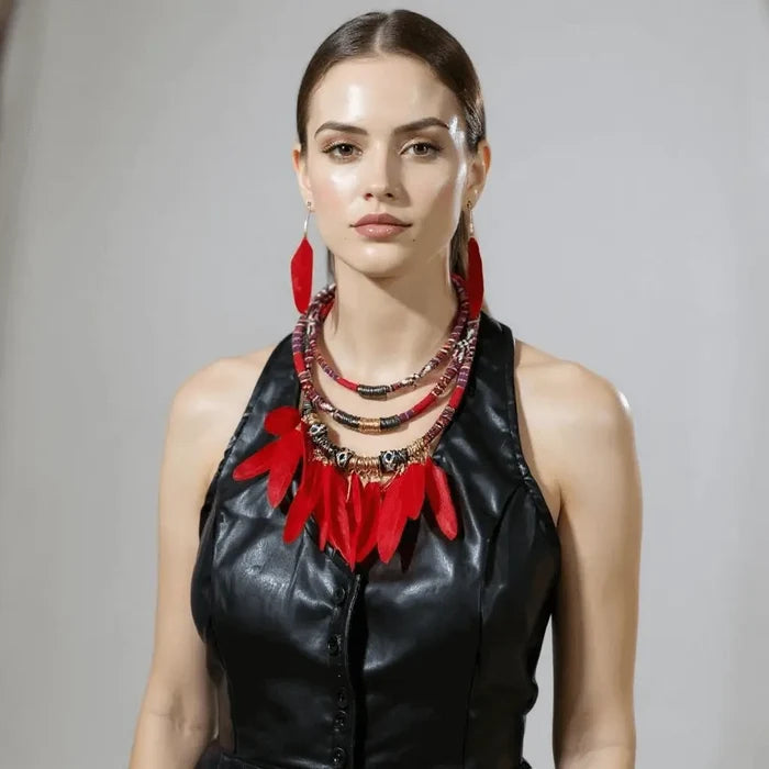 Wild West tribal necklace & earrings set with multi-layer rope choker and feather drops. Choose black, red, or blue for festivals, concerts boho western style