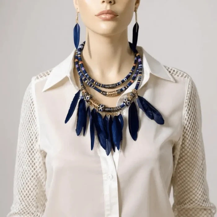 Wild West tribal necklace & earrings set with multi-layer rope choker and feather drops. Choose black, red, or blue for festivals, concerts boho western style