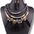 Wild West tribal necklace & earrings set with multi-layer rope choker and feather drops. Choose black, red, or blue for festivals, concerts boho western style