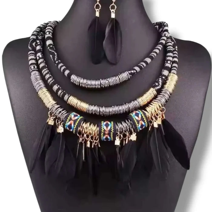 Wild West tribal necklace & earrings set with multi-layer rope choker and feather drops. Choose black, red, or blue for festivals, concerts boho western style