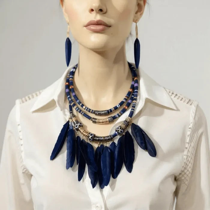 Wild West tribal necklace & earrings set with multi-layer rope choker and feather drops. Choose black, red, or blue for festivals, concerts boho western style