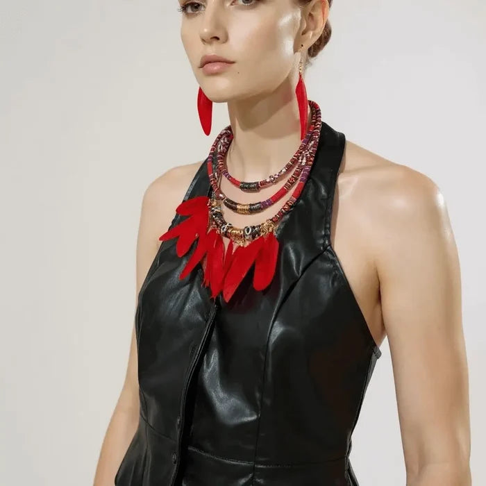 Wild West tribal necklace & earrings set with multi-layer rope choker and feather drops. Choose black, red, or blue for festivals, concerts boho western style