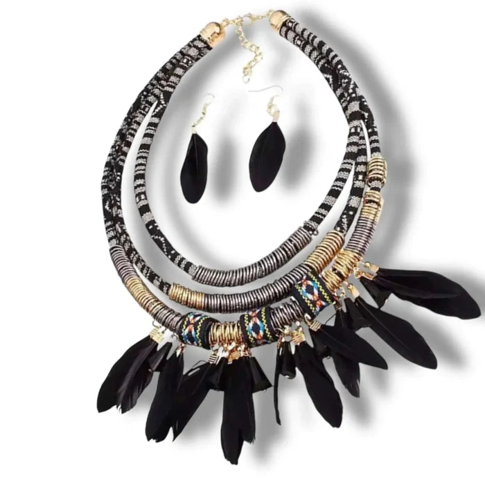Wild West tribal necklace & earrings set with multi-layer rope choker and feather drops. Choose black, red, or blue for festivals, concerts boho western style