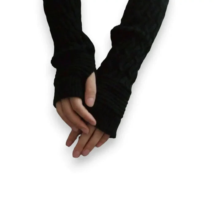 Winter Long Arm Warmers Gloves with thumb holes fingerless design in black or white wool blend cold weather accessory