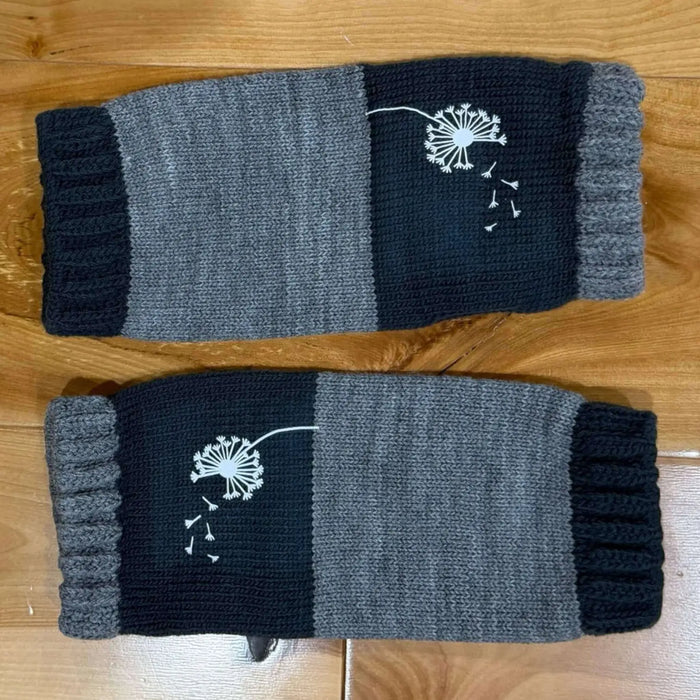 Wishes knit wrist warmers mitts with white dandelion seed motif, color block fingerless gloves with thumb holes for winter layering