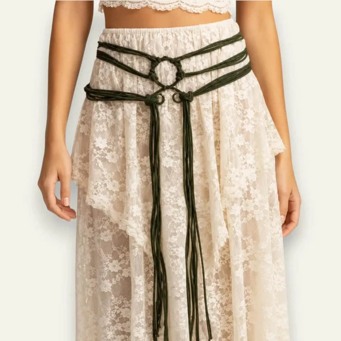 Witches Knotted Waist Wrap Belt triple wrap on model green/gunmetal/os