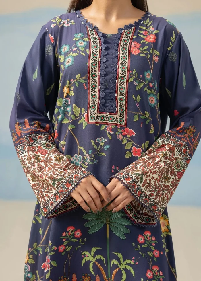 Navy printed kurta close-up with embroidered neckline and floral sleeves