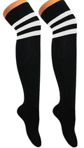 Womens 3 Stripes OTK Black With White Cotton Thigh High Socks