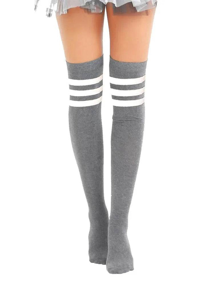 Womens 3 Stripes OTK Grey With White Cotton Thigh High Socks