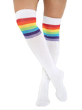 Womens 3 Stripes OTK White & Raimbow Cotton Thigh High Socks
