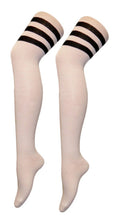 Womens 3 Stripes OTK White With Black Cotton Thigh High Socks