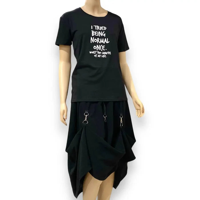 Black graphic t-shirt with bold quote "I Tried Being Normal Once" front view