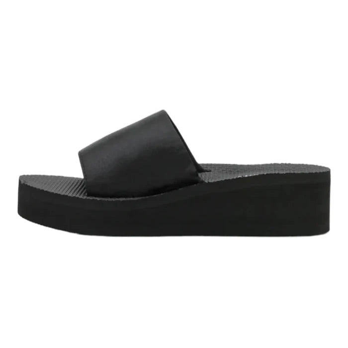 Women’s Black Slip On Wedge Sandals with satin band, open toe, and rubber wedge sole 8