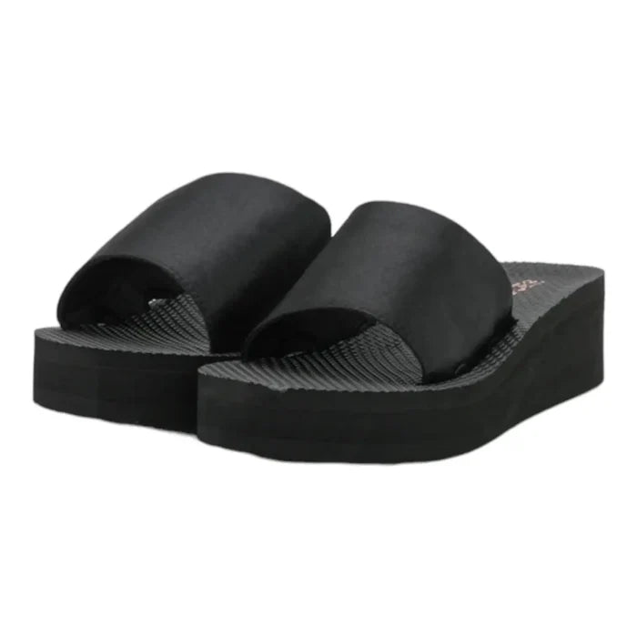 Women’s Black Slip On Wedge Sandals with satin band, open toe, and rubber wedge sole pair size 8