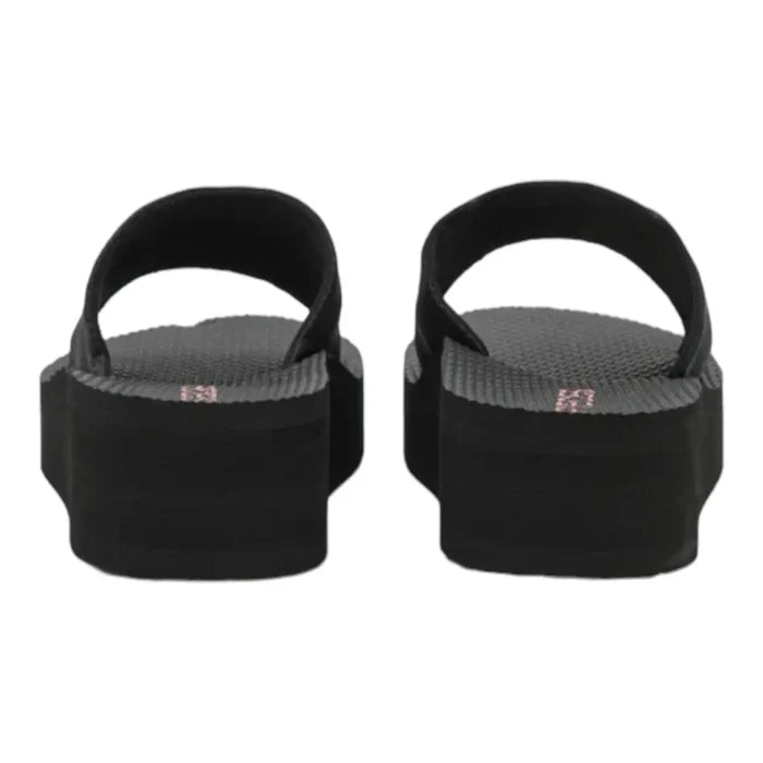 Women’s Black Slip On Wedge Sandals with satin band, open toe, and rubber wedge sole back view 8