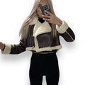 Women’s Brown Faux Leather Fur Jacket cropped moto jacket with ivory sherling fur collar
