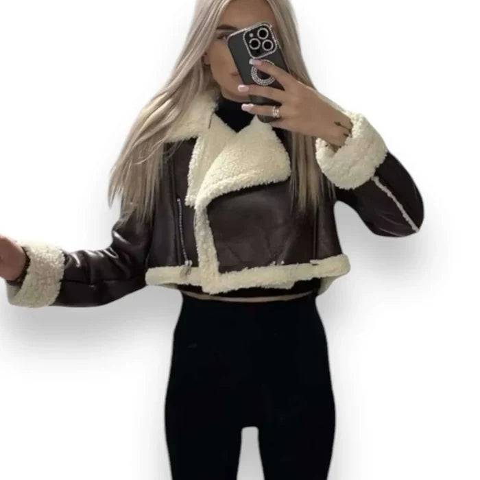 Women’s Brown Faux Leather Fur Jacket cropped moto jacket with ivory sherling fur collar