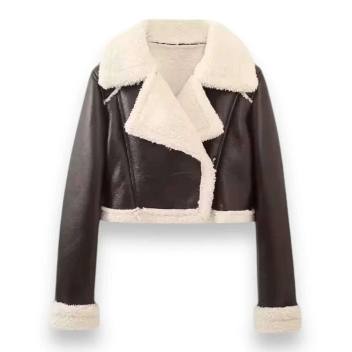 Women’s Brown Faux Leather Fur Jacket  ivory sherling fleece lining and dark brown faux leather texture on winter jacket