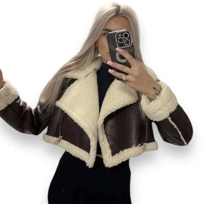 Women’s Brown Faux Leather Fur Jacket Street slay style Y2K cropped jacket styled with wild west vibe
