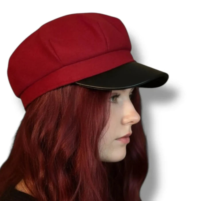 Chauffeur Hat Red Black Faux Brim Cap with black strap with silver buckle accented 8 panel one size
