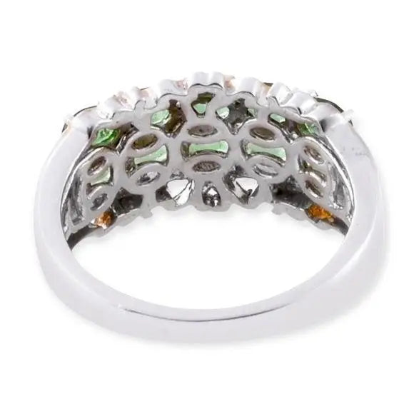 Chrome Diopside White Cambodian Zircon 14K Gold Platinum Double Row Statement Ring