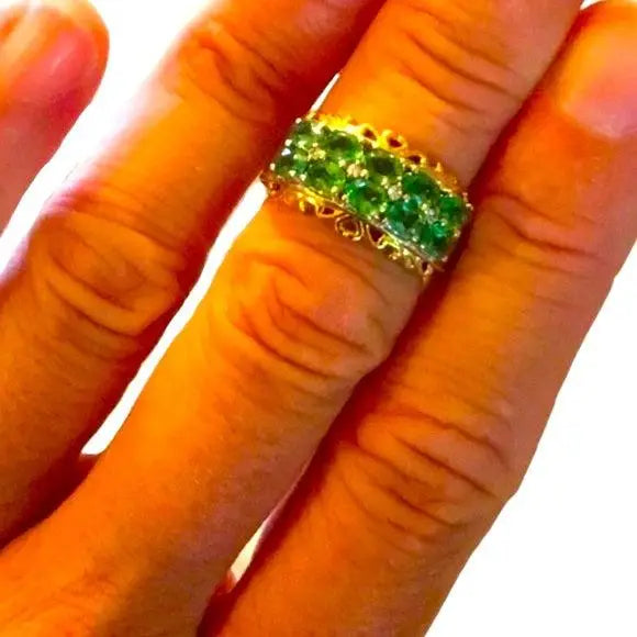 Chrome Diopside White Cambodian Zircon 14K Gold Platinum Double Row Statement Ring