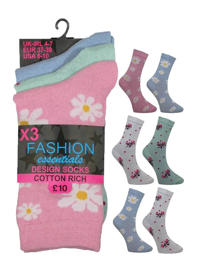 Women's Cotton Mix Ankle Socks Flower Design (Assorted Colour) - thefancydress.co.uk
