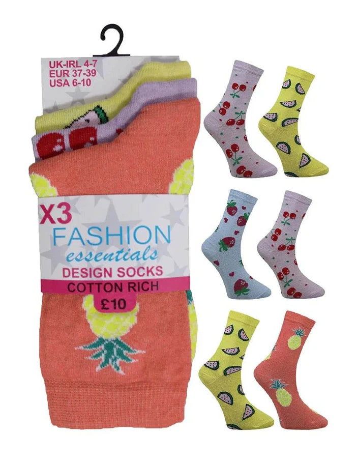 Women's Cotton Mix Ankle Socks Fruit Design (Assorted Colour) - thefancydress.co.uk