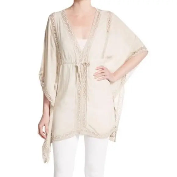 V neckline butterfly sleeve drawstring waist crocheted cream colored blouse saks & 5th Avenue Blouse  Medium