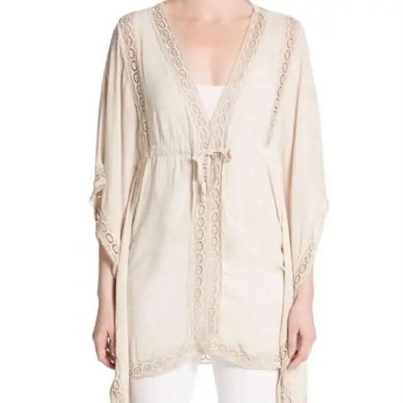 V neckline butterfly sleeve drawstring waist crocheted cream colored blouse saks & 5th Avenue Blouse  Medium