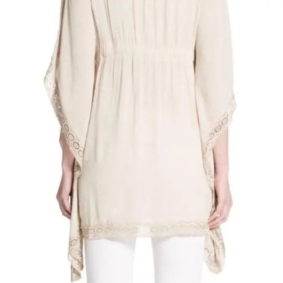 V neckline butterfly sleeve drawstring waist crocheted cream colored blouse saks & 5th Avenue Blouse  Medium